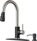 FORIOUS Kitchen Faucets with Soap Dispenser and Pull Down Sprayer, Bar High Arc Single Handle Classic 3 Modes Stainless Steel Faucet for Kitchen Sink Farmhouse RV Laundry Camper, Black Brushed