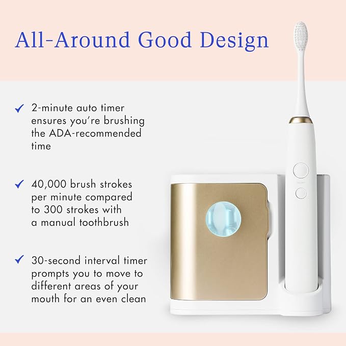 Vanity Planet Elements Ultrasonic Electric Toothbrush - Gold - Advanced Oral Care with UV Sanitizing Charger Base with 3 Replacement Heads - 99.9% Effective Keeping Your Teeth Clean | Advanced Oral Care with UV Sanitizing Charger Base with 3 Replacemen...