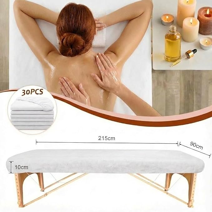 30PCS Disposable Fitted Massage Table Sheets with Elastic, Heavy Duty Elastic Disposable Bed Cover, Breathable White Sheets for Spa Massage Beauty Tattoos Non Woven Fabric 36 x 85 in