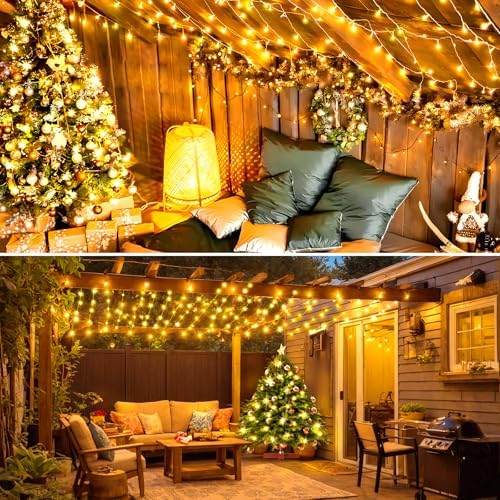 KNONEW Christmas String Lights Indoor Plug in,60FT 180LED Outdoor Waterproof Fairy Lights,8 Lighting Modes,Timer Memory Function for Bedroom Patio Balcony Party (Warm White)