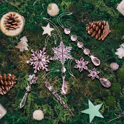 36pcs Crystal Christmas Ornaments for Tree Decorations, Pink Hanging Acrylic Snowflake Icicle Star Ornaments with Drop Pendants for Winter Wonderland Chandelier Crystals Decorations Supplies