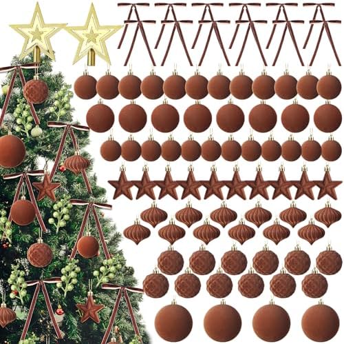 Hollowfly 95 PCS Velvet Christmas Tree Decor Set, Brown