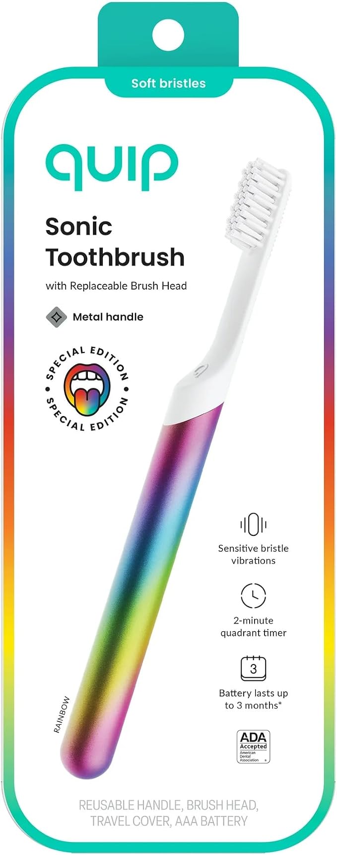 Quip Metal Sonic Electric Toothbrush for Adults - Time Travel & Soft Bristles with Travel Case & Replacement Brush Head - 3 Month Battery Life, Pride Rainbow