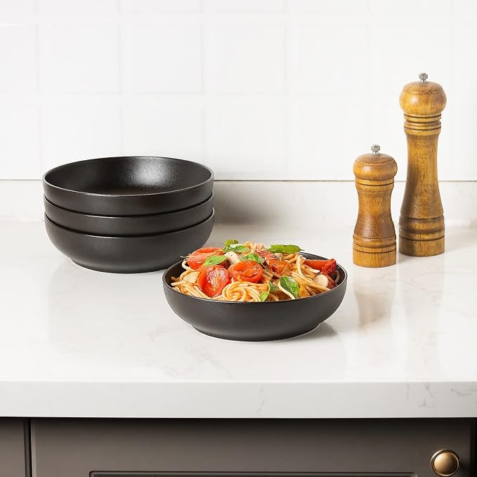 30oz Ceramic bowls set of 4-8" serving bowls for Kitchen,Pasta,Salad-Dishwasher & Microwave Safe Perfect for Housewarming, Thanksgiving, Christmas-Matte Black