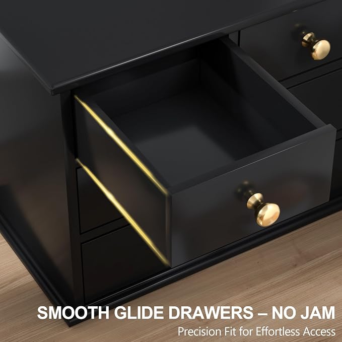 Oak Desk Organizer with Drawers, Durable Wooden Desktop Storage Box with Metal Handles & Non-Slip Silicone Pads, 5 Drawer Tabletop Organizer for Office, Bedroom, Bathroom, Vanity, and Makeup – Black