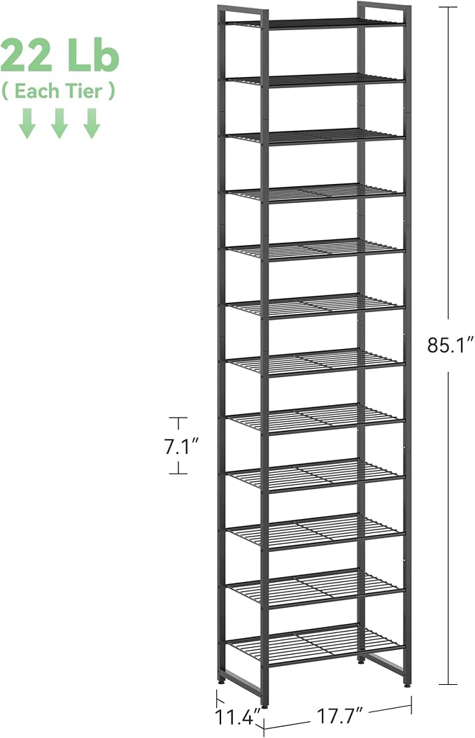 Nunsino Narrow Shoe Rack, 12-Tier Metal Shoe Organizer,Tall Shoe Shelf with Anti-Tip Strap, Max Holds 26 Pairs,Space Saving for Closet,Entryway,Black