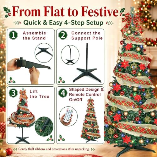 6 Ft Pop up Christmas Tree,Collapsible Christmas Tree with Lights 200 LED Pre-Lit Christmas Trees Plug-in with Remote Timer 8 Lighting Modes for Outdoor Indoor Party Christmas Decor