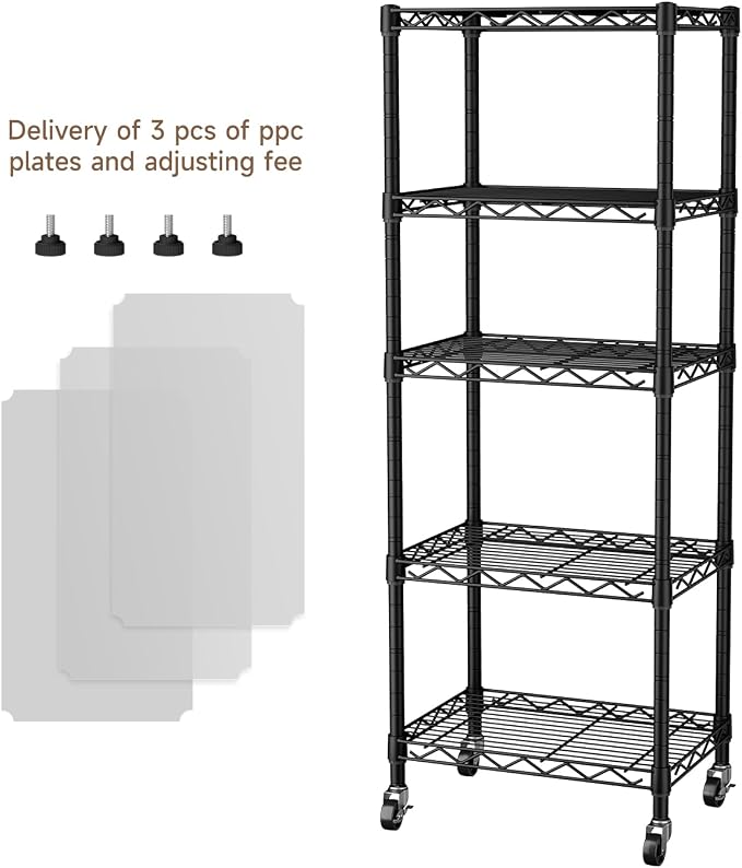 Golpart Small 5 Tier Shelves Storage Wire Shelving Unit Metal Shelf Adjustable Organizers Storage Shelving with Wheels for Bathroom Laundry Room Kitchen Pantry11.7”D x 17.7”W x 57.2”H Black