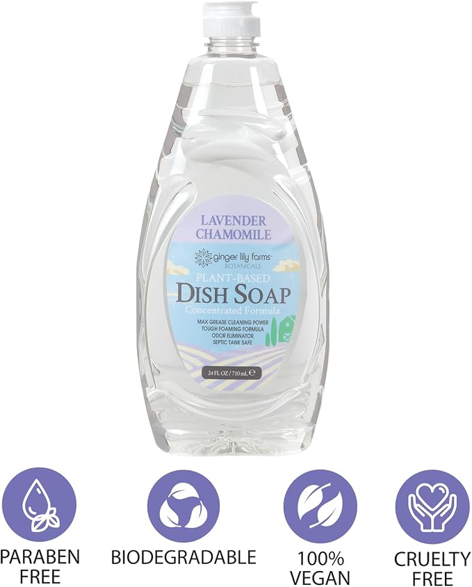 Ginger Lily Farms Botanicals Plant-Based Liquid Dish Soap, Concentrated Formula with Max Grease Cleaning Power, Cruelty-Free, Lavender Chamomile Scent, 24 Fl Oz