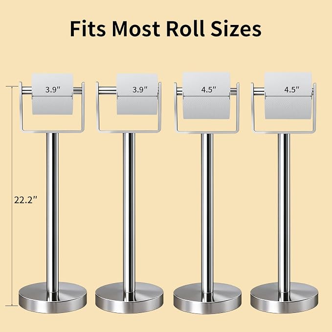 YUMORE Toilet Paper Holder Free Standing, Stainless Steel Toilet Paper Stand, Weighted Base Floor Tissue Roll Holder for Bathroom, Chrome 200UP