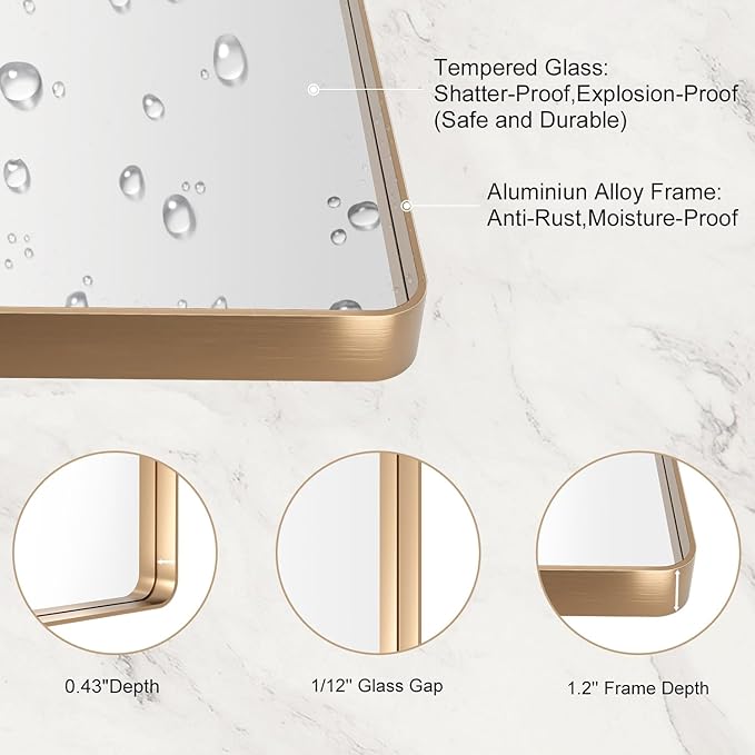 LOAAO 48”X30” Gold Bathroom Mirror, Rounded Rectangle Gold Frame Mirror, Brushed Gold Bathroom Vanity Mirror Wall-Mounted, Anti-Rust, Tempered Glass, Hangs Horizontally or Vertically