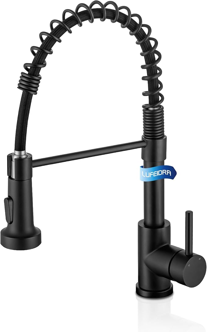 LUFEIDRA Black Kitchen Faucet with Pull Down Sprayer, High Arc Spring 304 Stainless Steel Single Handle 1 or 3 Hole 2 Mode Kitchen Faucets for Farmhouse RV Camper Laundry Wet Bar Pot Filler Faucets