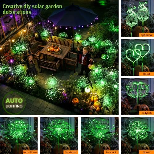 GIGALUMI 4 Pack Solar Firework Lights Outdoor, Halloween Decor, Green