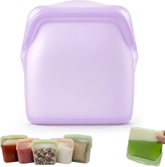 New Generation Silicone Storage, Reusable Silicone Food Storage Bags, Leak-Proof Upright Freezer Bags, Odor-Proof, High-Temperature Resistant, Microwave Dishwasher Safe for Snacks Leftovers (Purple)