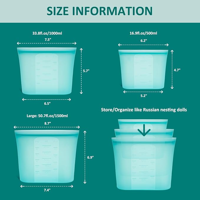 12-Pack Reusable Silicone Food Storage Bags, 100% Silicone Stand-Up Wide-Open Zip-Lock Reusable Storage Bags for Food, Freezer Microwave Oven Dishwasher Safe, Aqua, 4M 4S 4XS