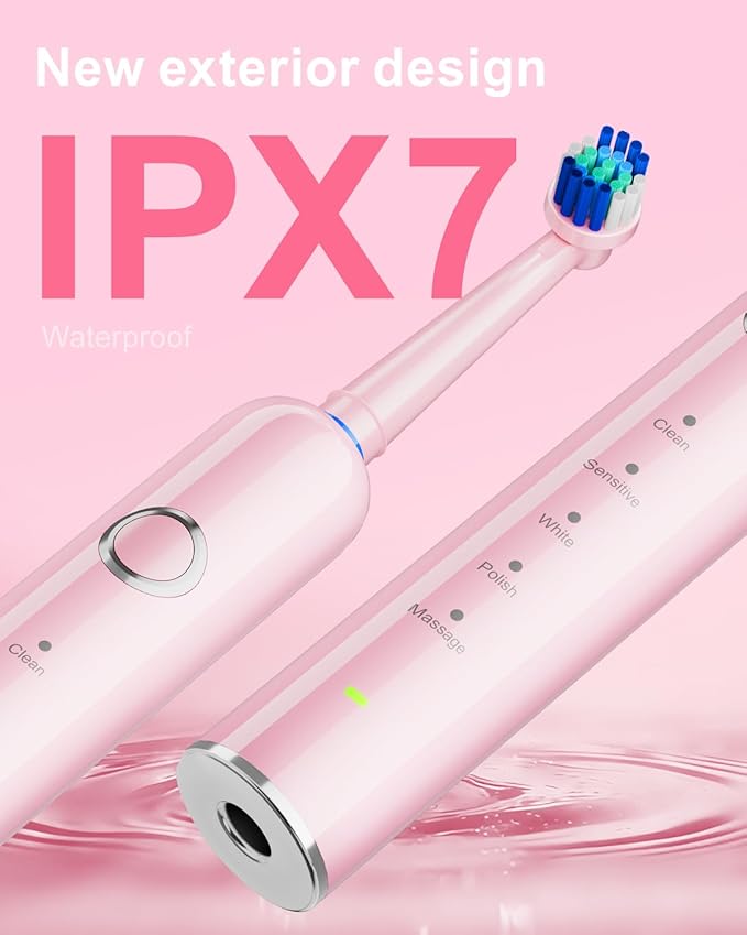 Rotating Electric Toothbrush for Adults, 8 Brush Heads (2 Types) & Travel Case, 5 Cleaning Modes Rechargeable Power Toothbrush with 2-Minute Smart Timer, Pink
