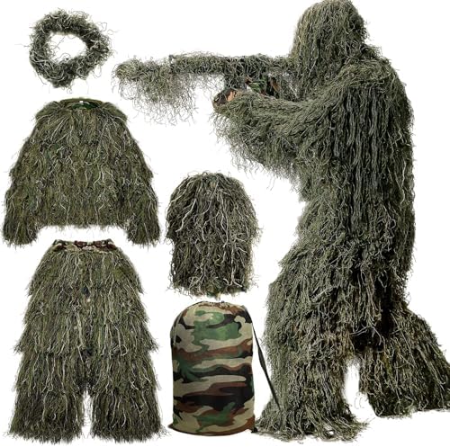 MOPHOTO 5 in 1 Ghillie Suit 3D Camouflage Hunting Suits - Jacket, Pants, Hood, Carry Bag for Adults & Youth, M/L/XL/XXL