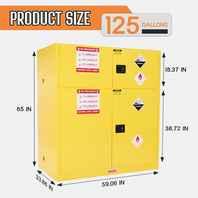 SPECRAFT 125-Gallon Dual-Compartment Flammable Safety Cabinet | 65 x 59 x 34 In, Cold-Rolled Steel, 2 Storage Compartments, Adjustable Galvanized Shelves, OSHA and CE Certified