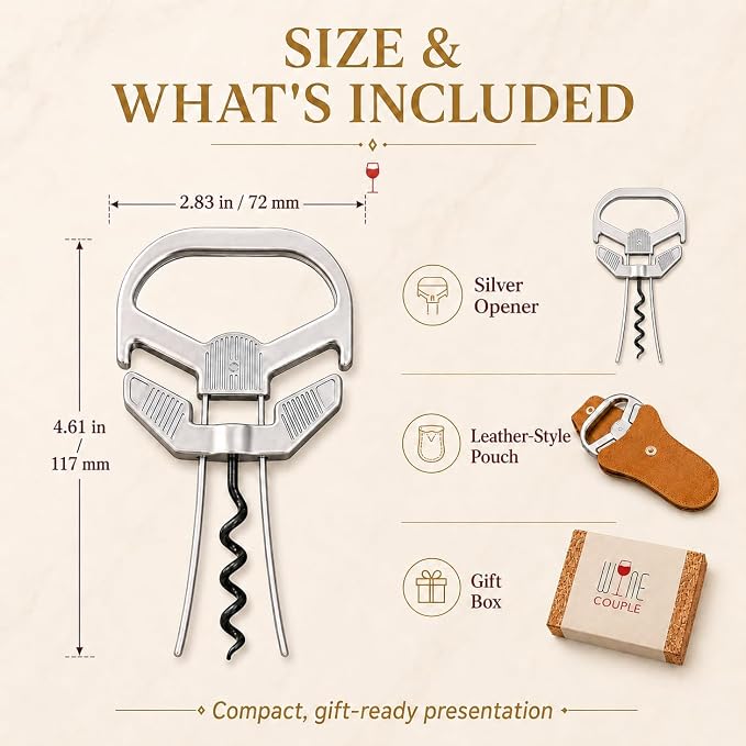 Ah So Wine Opener for Vintage Bottles, 2 in 1 Hybrid Cork Removal Device, Two-Prong Cork Remover for Older Fragile Corks, Classic Silver Tool for Wine Lovers & Collectors