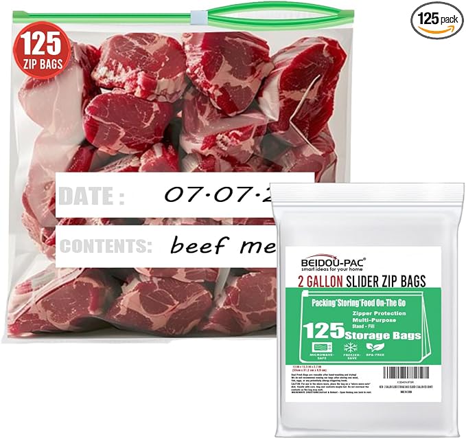 BEIDOU-PAC 2 Gallon Large Slider Food Storage Freezer Bags, 125 Count | 2 Mil | 13" x 12.3" | Heavy-Duty Freshness Easy Open Reclosable Clear Plastic Bags (Slider-2 gallon-125count)