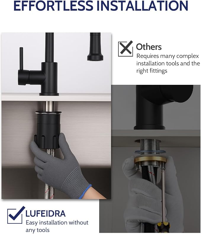 LUFEIDRA Black Kitchen Faucet with Pull Down Sprayer, High Arc Spring 304 Stainless Steel Single Handle 1 or 3 Hole 2 Mode Kitchen Faucets for Farmhouse RV Camper Laundry Wet Bar Pot Filler Faucets