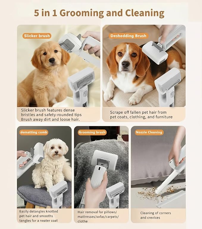 [2026 Version]Dog Vacuum for Shedding Grooming- 5 in 1 Cleaning Slicker Brush for Dogs & Cats Deshedding Vacuum Brush with 5 Pet Grooming Tools for Shedding Pet Hair, Home Cleaning Grooming Supplies