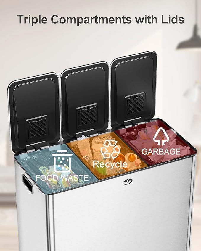 OUTLANE 90L/24 Gal Triple Compartment Trash Can, 3x30L Stainless Steel Recycling Trash Can with Soft Close Pedal Lids & 3 Removable Inner Buckets, Airtight Kitchen Bin for Home, Office Waste Sorting