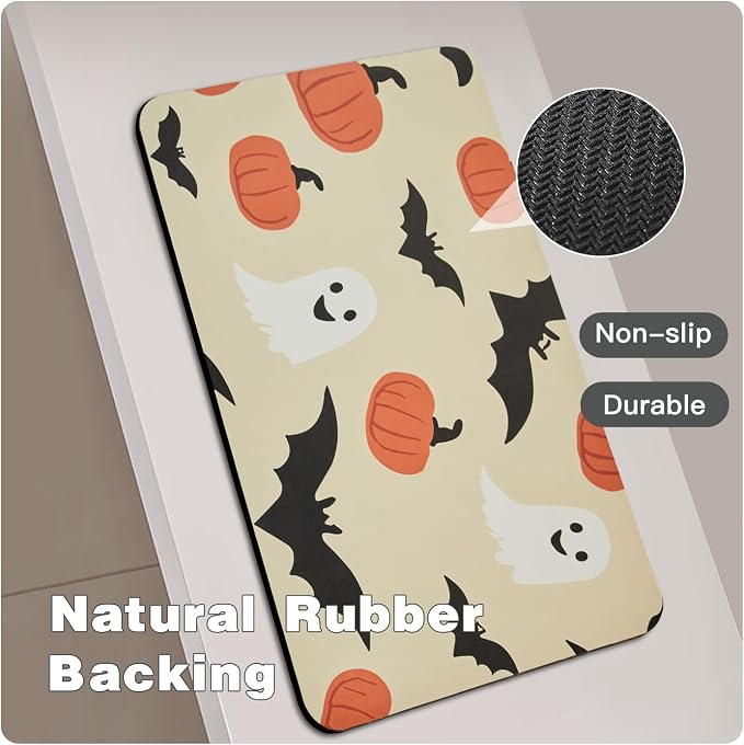 TYUU Halloween Bath Mat, Thin Bathroom Rug Non Slip Quick Dry Pumpkin Bath Mat Fits Under Door Thin Floor Mat Halloween Decor, 24''x36'', Pumpkins Bats and Ghost