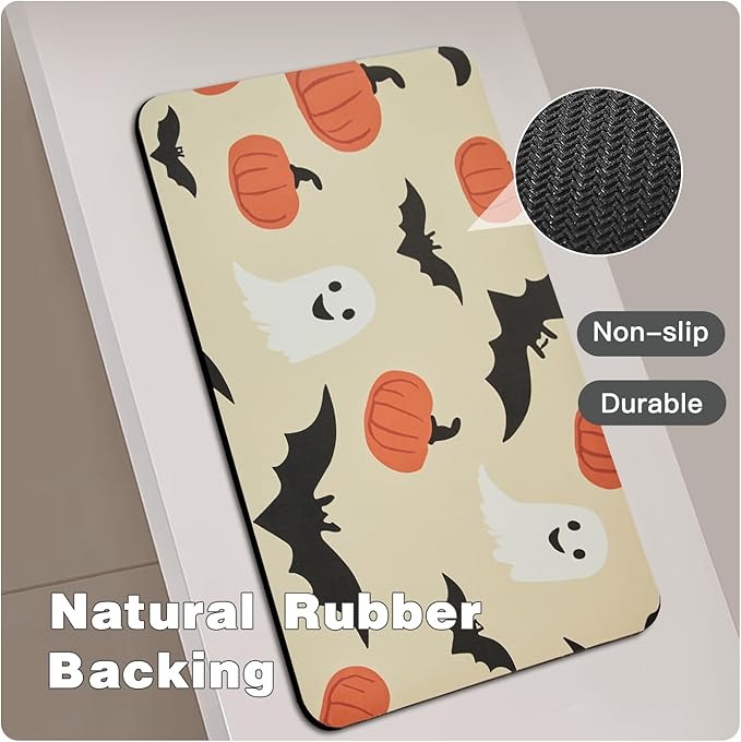 TYUU Halloween Bath Mat, Thin Bathroom Rug Non Slip Quick Dry Pumpkin Bath Mat Fits Under Door Thin Floor Mat Halloween Decor, 17''x30'', Pumpkins Bats and Ghost