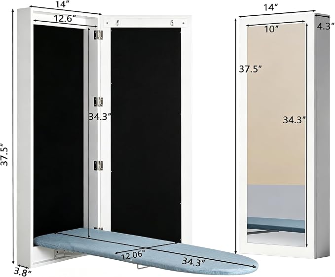 Slim Wall Mounted Ironing Board Cabinet with Mirrored Door, White | 4.3''W|Clothing Hook|Just 15 Minutes to Assemble|Foldable Ironing Board|High-Temperature Resistant Materials