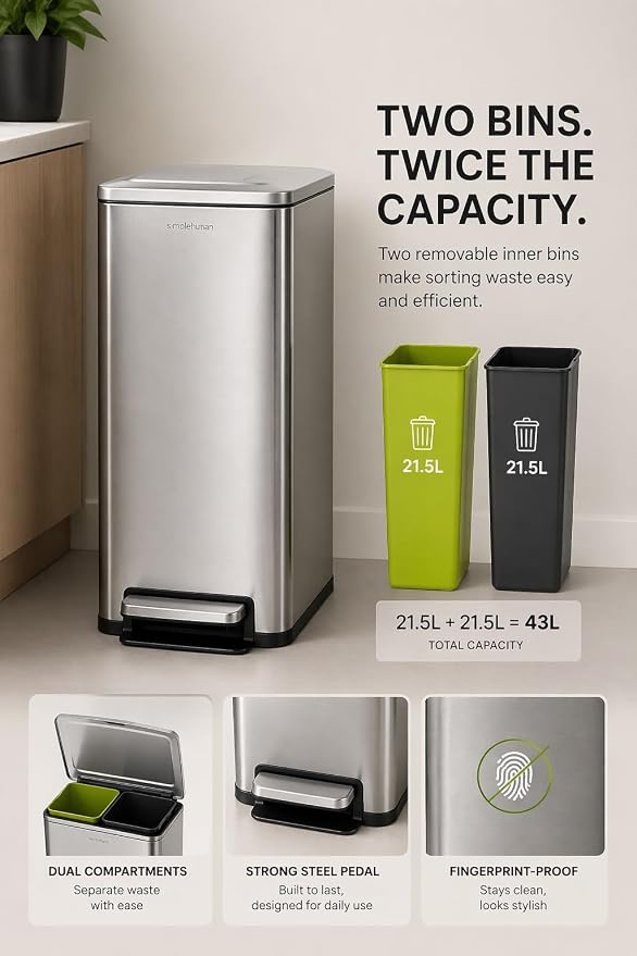 Step N’ Sort Slim Dual Recycling Bin 43L (2 x 21.5L) – Soft Close Kitchen Trash Can – Space Saving Stainless Steel – Removable Buckets