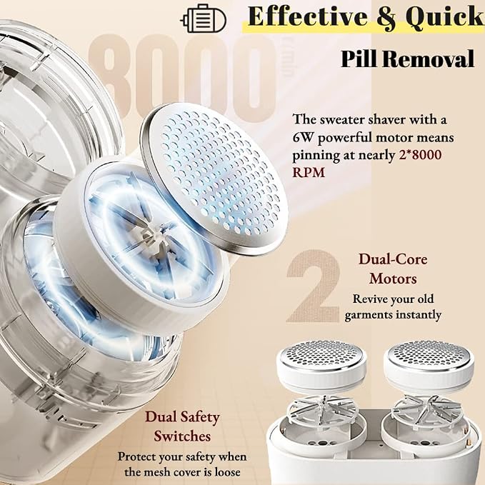 Rechargeable Portable Lint Remover & Fabric Shaver with 4 Replaceable Blades, Dual-Head Powerful Trim & Suction 3-Setting Control Large Capacity Container Extra Large Shaving Head Defuzzer for Clothes