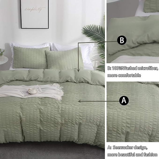 AveLom Sage Green Duvet Cover King Size, Textured Seersucker Duvet Cover Set, Soft Washed Microfiber with Zipper Closure and Corner Ties, 3 Pieces, 104" x 90" Duvet Cover & 2 Pillowcases