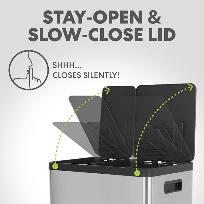 60 Liter / 16 Gallon Rectangular Hands-Free Dual Compartment Recycling Kitchen Step Trash Can with Soft-Close Lid, Brushed Stainless Steel (38L x 22L Capacity)