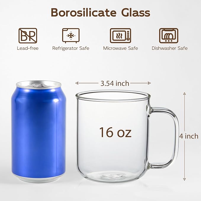 Glass Coffee Mugs, 16 oz Ice coffee cups, Large Clear Tea Cups Set of 2, Glass Mugs with Handles, Glass Cups for Latte, Cappuccino, and Tea