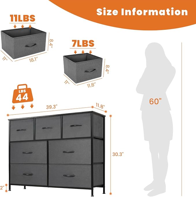 Sweetcrispy 7 Drawer Dresser Storage Organizer with Fabric Bins, Grey | Sturdy Steel Frame and Wood Top, Easy Pull Handles, for Bedroom Closet Hallway Entryway
