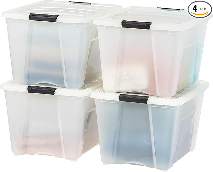 IRIS USA 54 QT Plastic Storage Box with Lid and Latches - 4 Pack - BPA-Free, Discreet Organizing Solution, Durable Nestable Stackable Containers, Secure Pull Handle - Pearl
