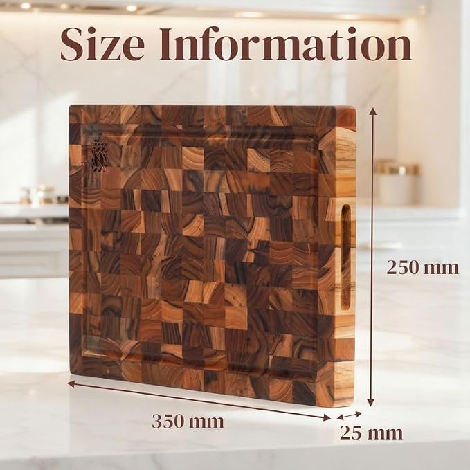 Teak Wood End Grain Cutting Board 13.8 x 9.8 Inch, Solid Wood Kitchen Cutting Board for Meat & Daily Prep, Knife-Friendly Cutting Board with Juice Groove & Handle by New M Way