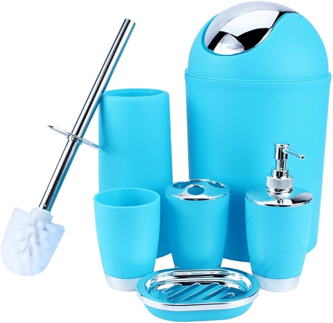 6 Piece Bathroom Set Eco-Friendly Resin Bathroom Accessories Set Glass Cup Toothbrush Holder Soap Holder Hand Sanitizer Bottle Trash Bin and Toilet Brush Cleaning Tool Accessories for Bathroom