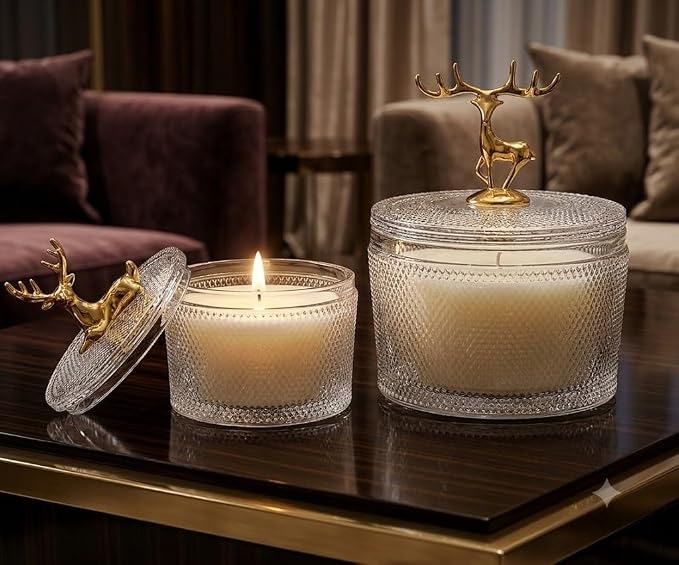 Glass Sugar Bowl Set of 2 with Gold Metal Deer Lid Handle | Diamond-Cut Texture, Small & Large Sizes, Clear Glass Body, Lidded Storage Jars, Decorative Deer Figurine