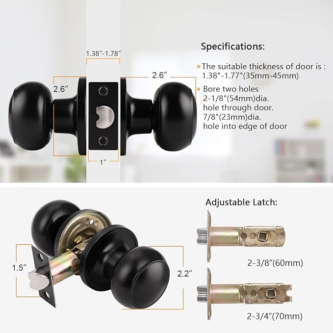 Probrico Hall/Closet Door Knobs in Flat Black Finish,Interior Passage Door Knobs,Round Non-Locking Door Handles, 4 Pack