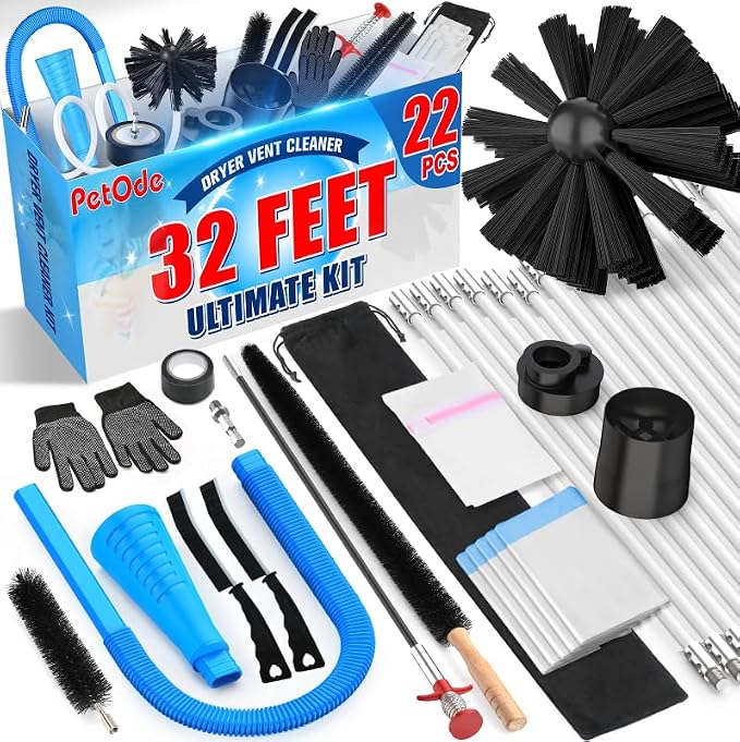 PetOde 22-Pieces 32-Feet Dryer Vent Cleaner Kit, Dryer Vent Cleaning Kit | Lint Remover Dryer Vent Brush, Vacuum Hose Attachment Cleaning Tools, Flexible Lint Trap Brush, Vacuum & Dryer Adapters