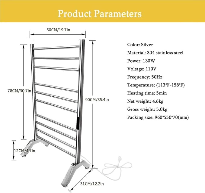 Heated Towel Rack Plug-in,Free Standing & Wall Mounted Dryer Rack Stainless Steel,Radiator 10 Bars Hot Towel Warmer with Built-in Timer,Silver