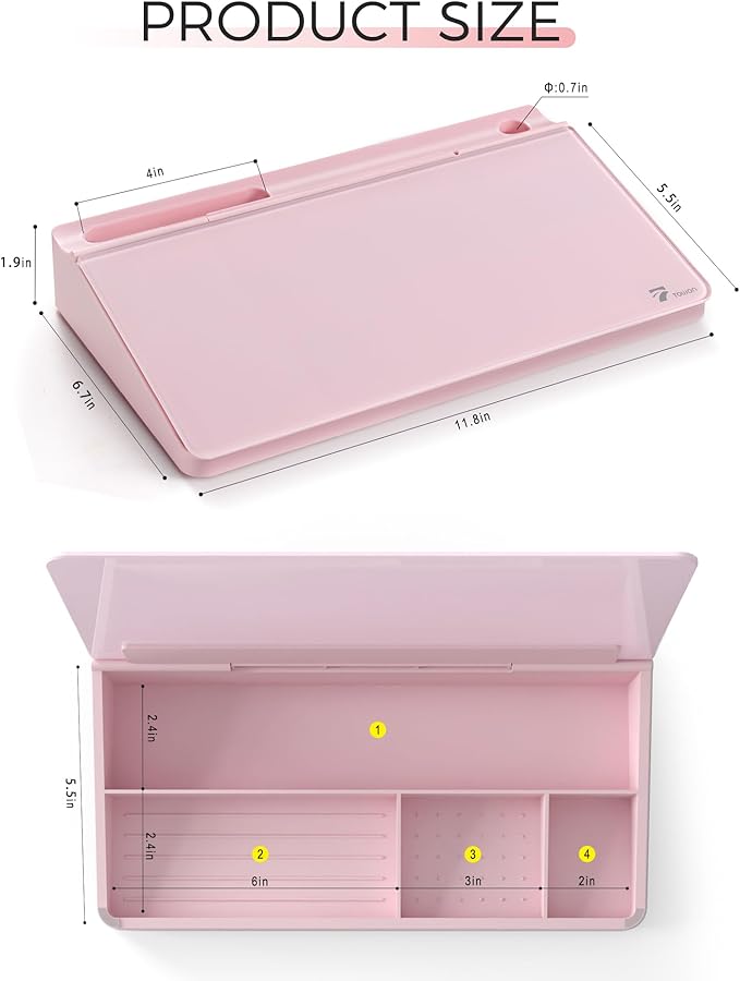 TOWON Small Compact Glass Desktop Whiteboard with Storage – 12 x 7 in Dry Erase Board for Desk, Home Office, School | Includes 5 Markers, Eraser & Holder | Space-Saving Organizer, Aesthetic Pink