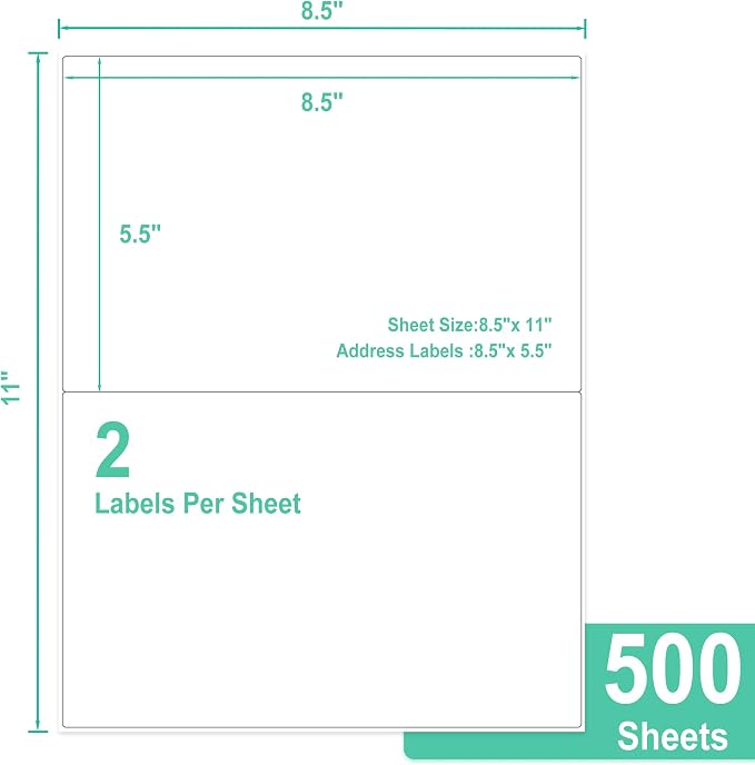 L LIKED Half Sheet Shipping Labels 2 per Sheet, 500 Sheets Printable 8.5" x 5.5" Sticker for Laser & Inkjet Printers Labels (1000 PCS Labels)