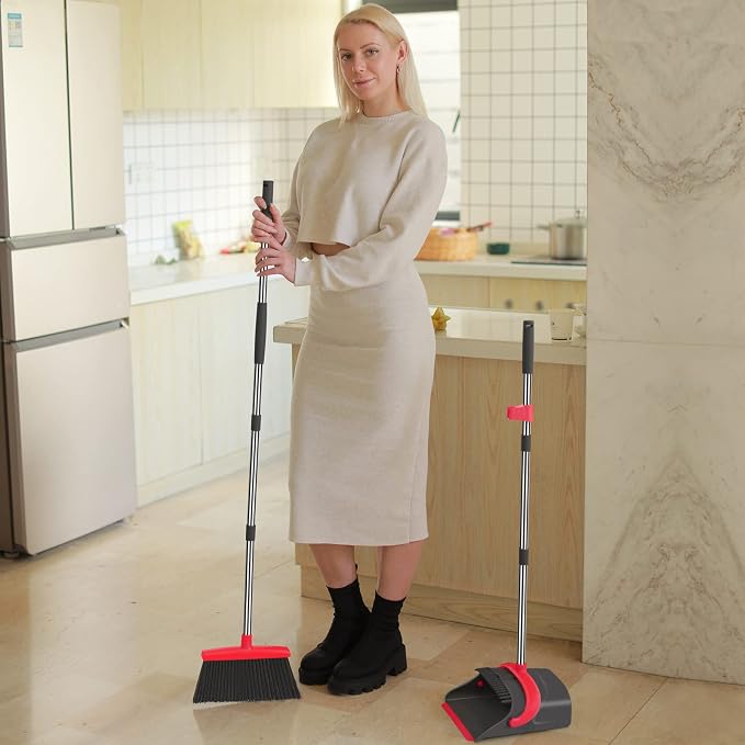 Ivandar Broom and Dustpan Set,Broom with Dustpan Combo Set Dust pan with Long Handle, for Home Kitchen Room Office Lobby Floor Use Upright Stand Up(Gray&Red)