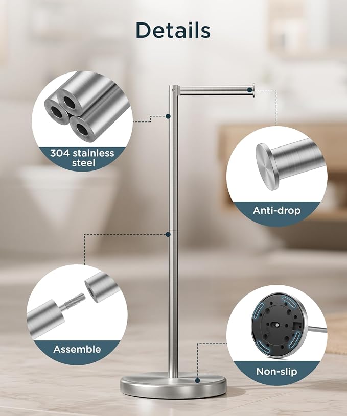 FORIOUS Toilet Paper Holder Stand, Toilet Paper Storage with 4 Rolls, Freestanding Tissue Roll Holder for Bathroom, Durable 304 Stainless Steel and Weighted Base Toilet Paper Stand, Brushed Nickel