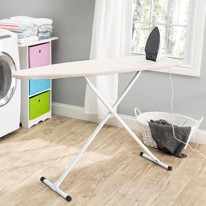 Full Size Ironing Board with Cover & Pad – USA-Made with Enhanced Grip Feet for Extra Stability – Adjustable Steel T-Legs 35" High – Perforated Top – Durable Iron Board for Home, Laundry Room, Beige
