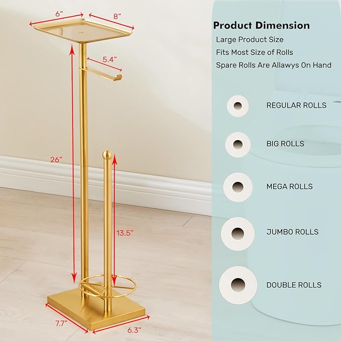 Toilet Paper Holder with Tray At the Top, Heavy-Weighted Base No Wobbly, Freestanding Toilet Paper Rolls Stand, Hold Extra 3 Paper Rolls On the Base (Gold)