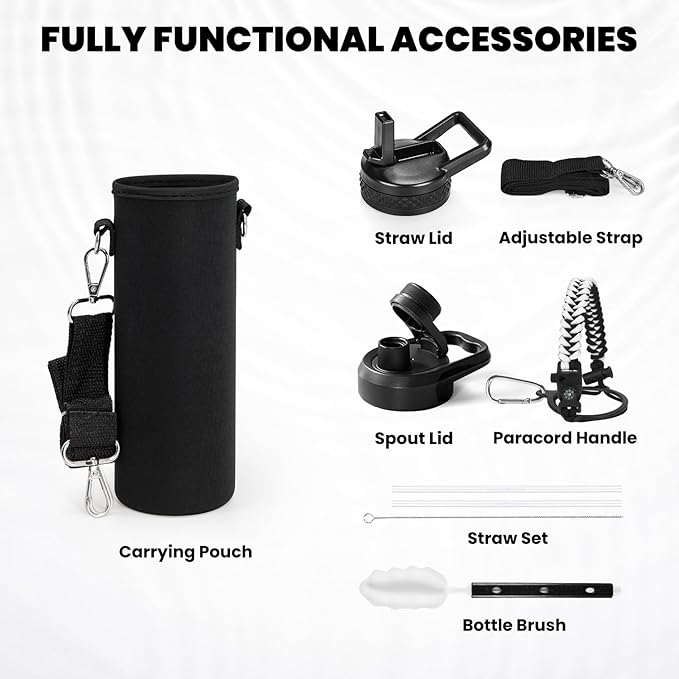 RAYMYLO Insulated Water Bottle 24 oz, Triple Wall Vacuum Stainless Steel (Cold for 24Hrs, Hot for 12Hrs), Leak Proof & Non-BPA, Modern Water Flask Jug with Paracord Handle & Straw Spout Lids